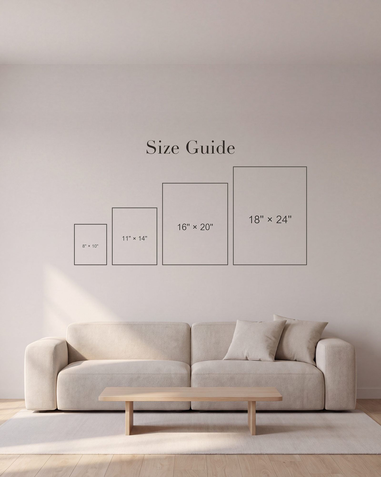 Portrait print size chart on a wall above a sofa