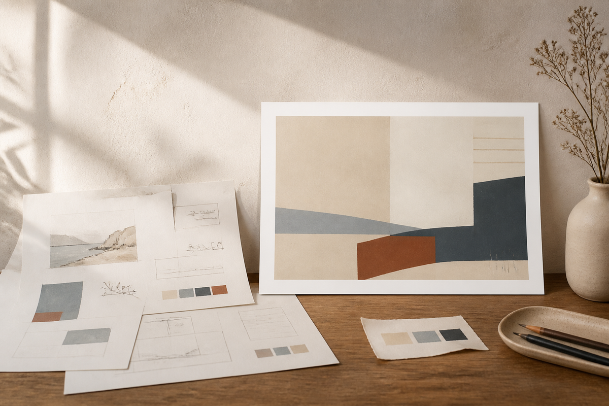 Conceptual illustration of a place being translated into an abstract print through shape, color, and spacing