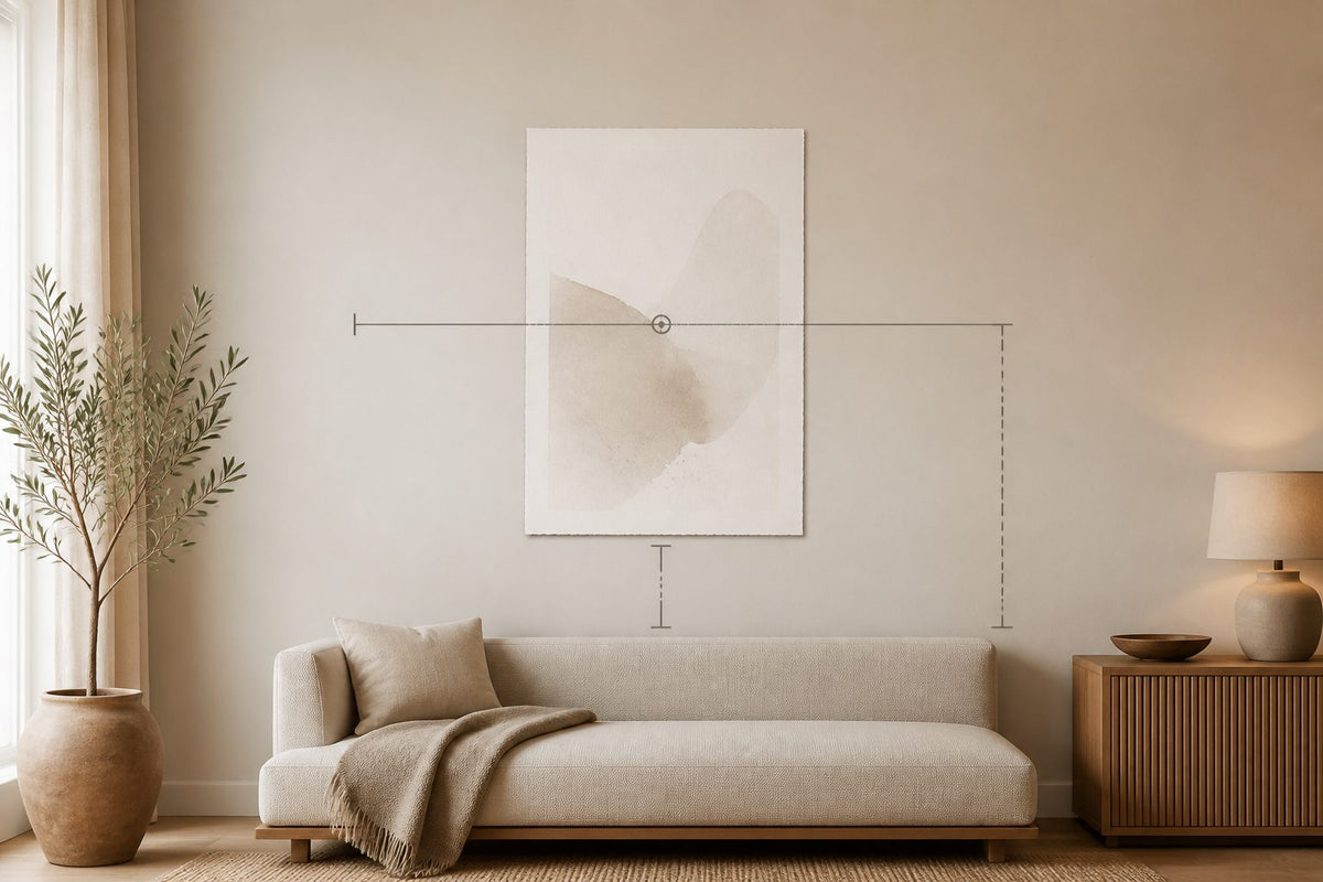 Diagram showing wall art center height, seated viewing adjustment, and clearance above furniture