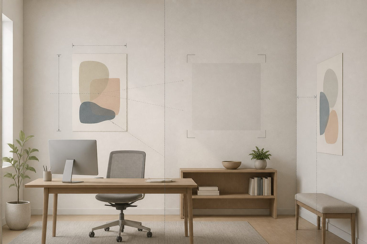 Conceptual home office showing calm wall art scaled to a desk area