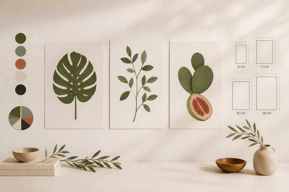 Three unframed botanical paper prints with leaf, stem, and cactus or fruit forms are shown beside muted color chips and small size marks.