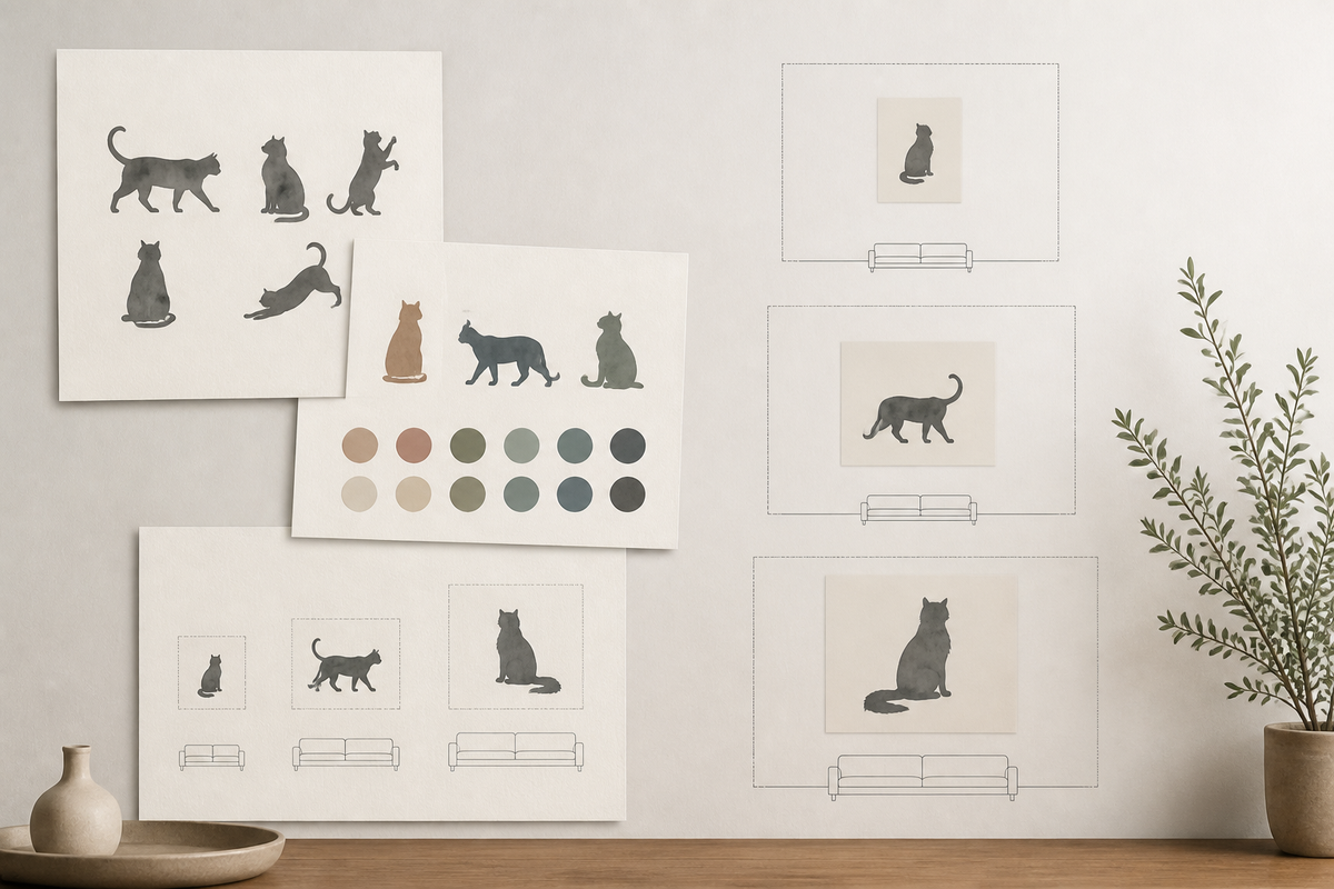 A conceptual wall study shows generic cat silhouettes, muted color swatches, and simple size marks for choosing cat wall art.