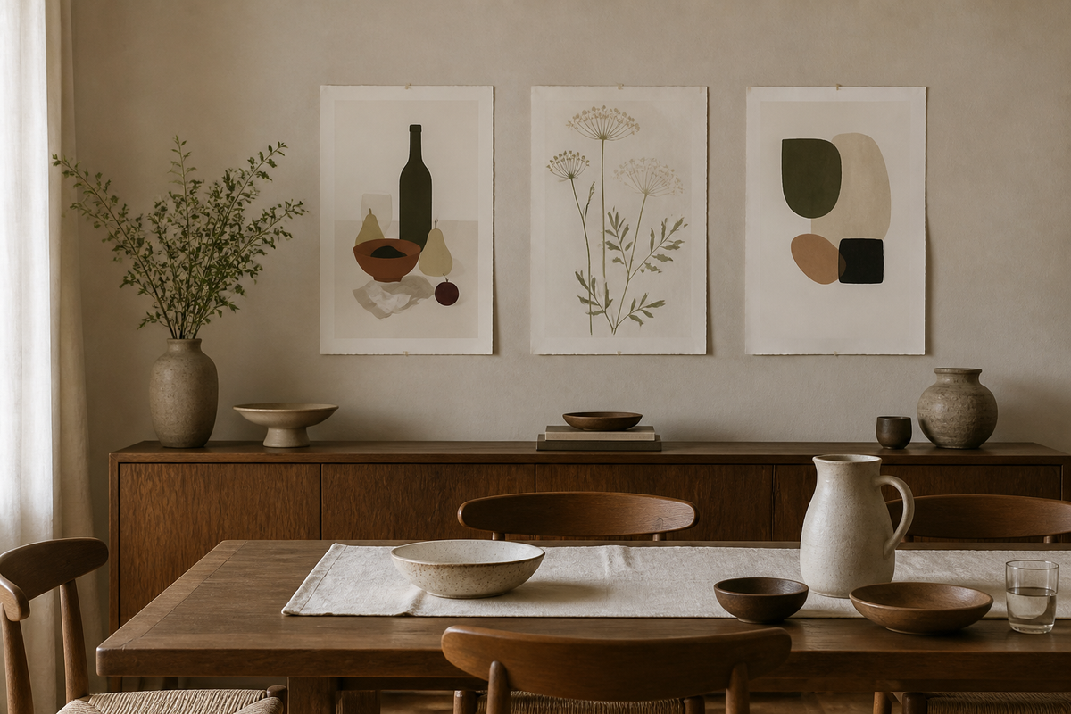 Conceptual dining room comparing still life, botanical, and abstract art styles above a table