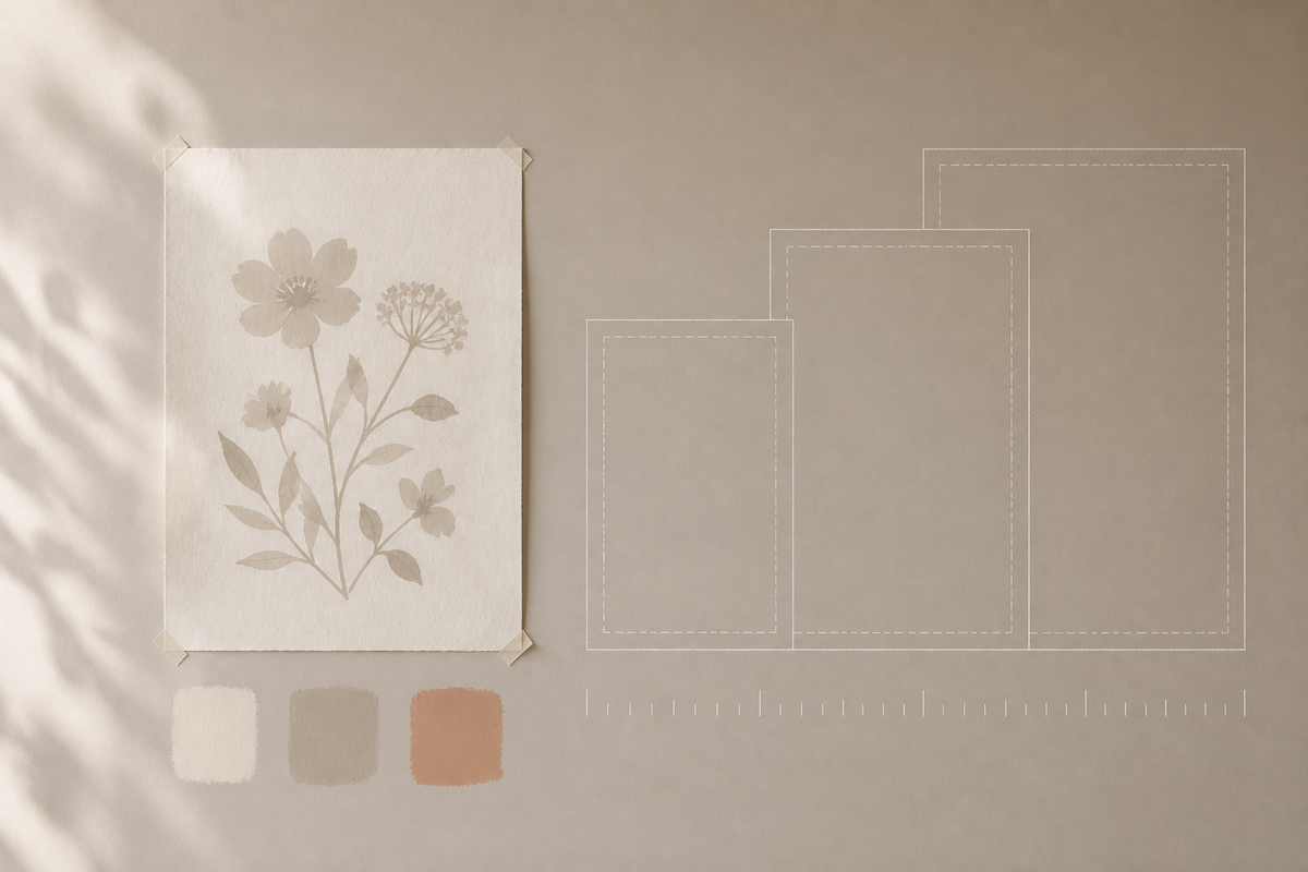 A conceptual illustration shows an unframed floral paper print on a neutral wall with size outlines and muted wall-color swatches nearby.