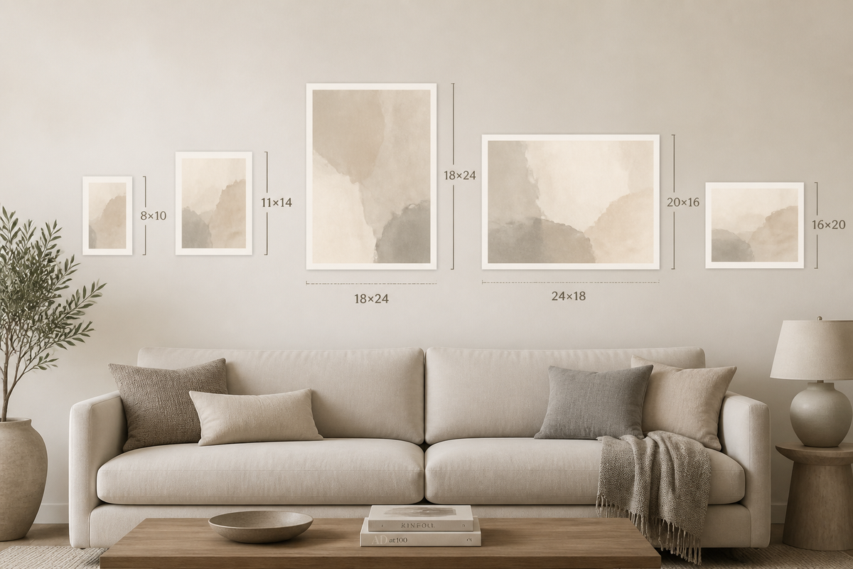 Conceptual room-by-room wall art size guide with measurement lines and print size outlines