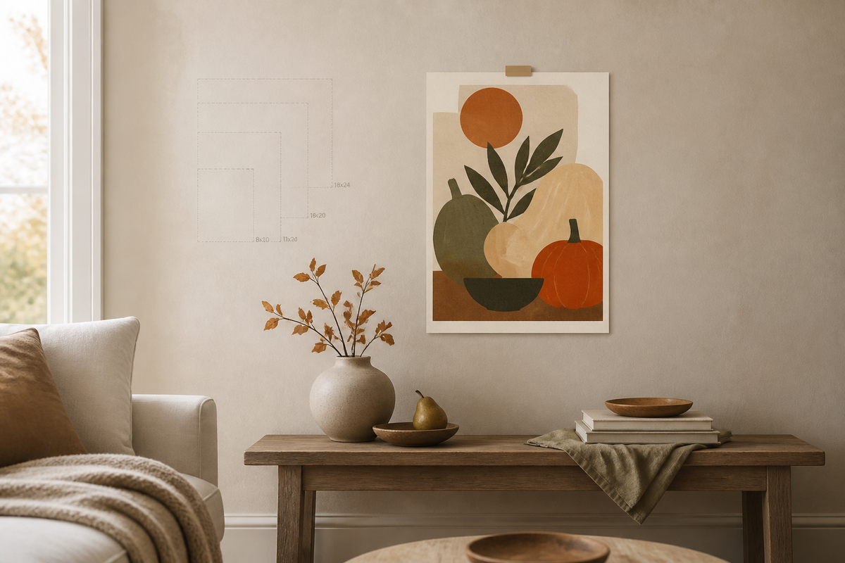 Illustration of a neutral wall refreshed for fall with one warm-toned unframed paper print above a simple console.