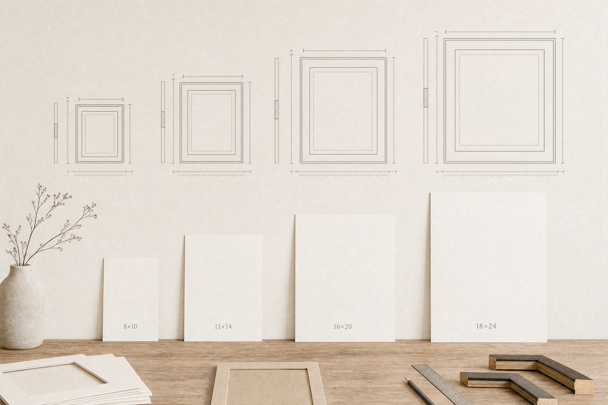 Illustration of four common print sizes with simple frame and mat outlines for comparing framing dimensions.
