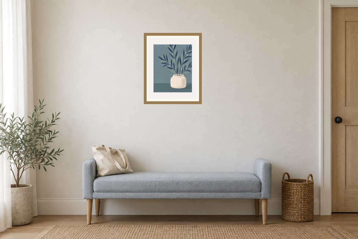 Illustrative entryway wall art scene with The Last Branch displayed complete in a frame