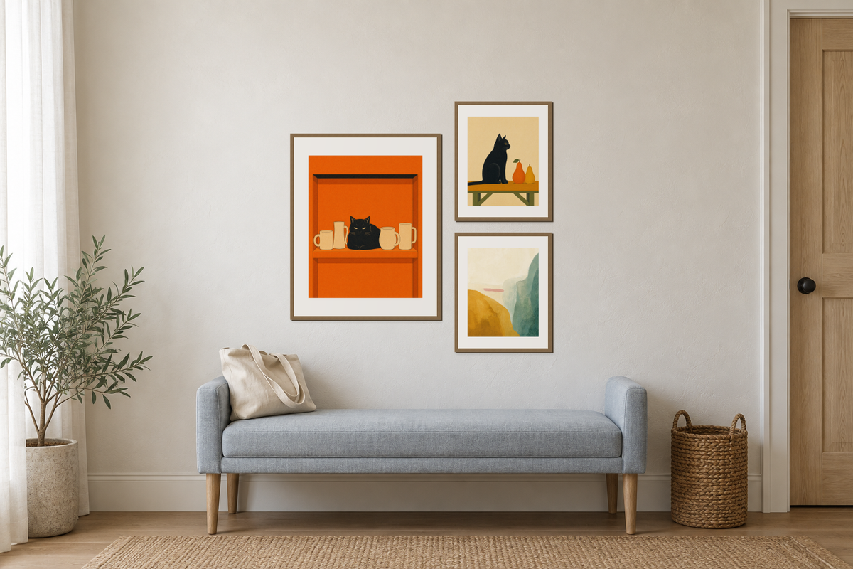 Loaf Cat beside a vertical pair of Cat and Pears and Mustard Hill with Rose Bar, framed above a blue-gray bench.