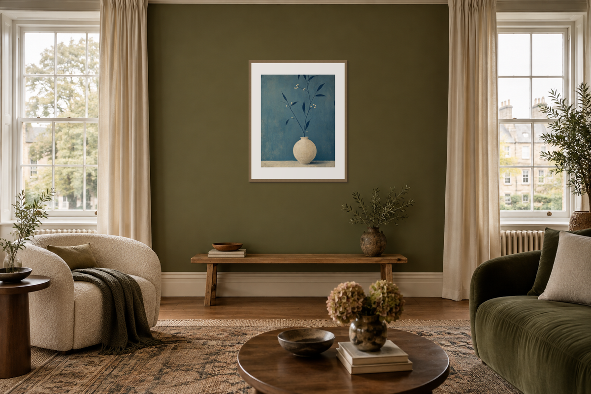 A framed botanical print between two windows with curtains drawn clear of the artwork.