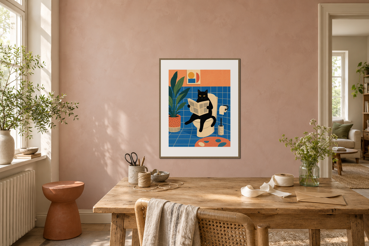A cat art print above a gift-wrapping table with a kraft envelope and cotton ribbon.