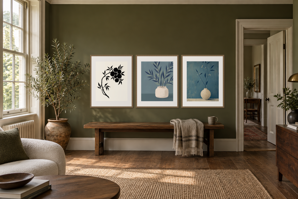 Three separately framed botanical prints arranged in a row above a low wood bench on an olive wall.