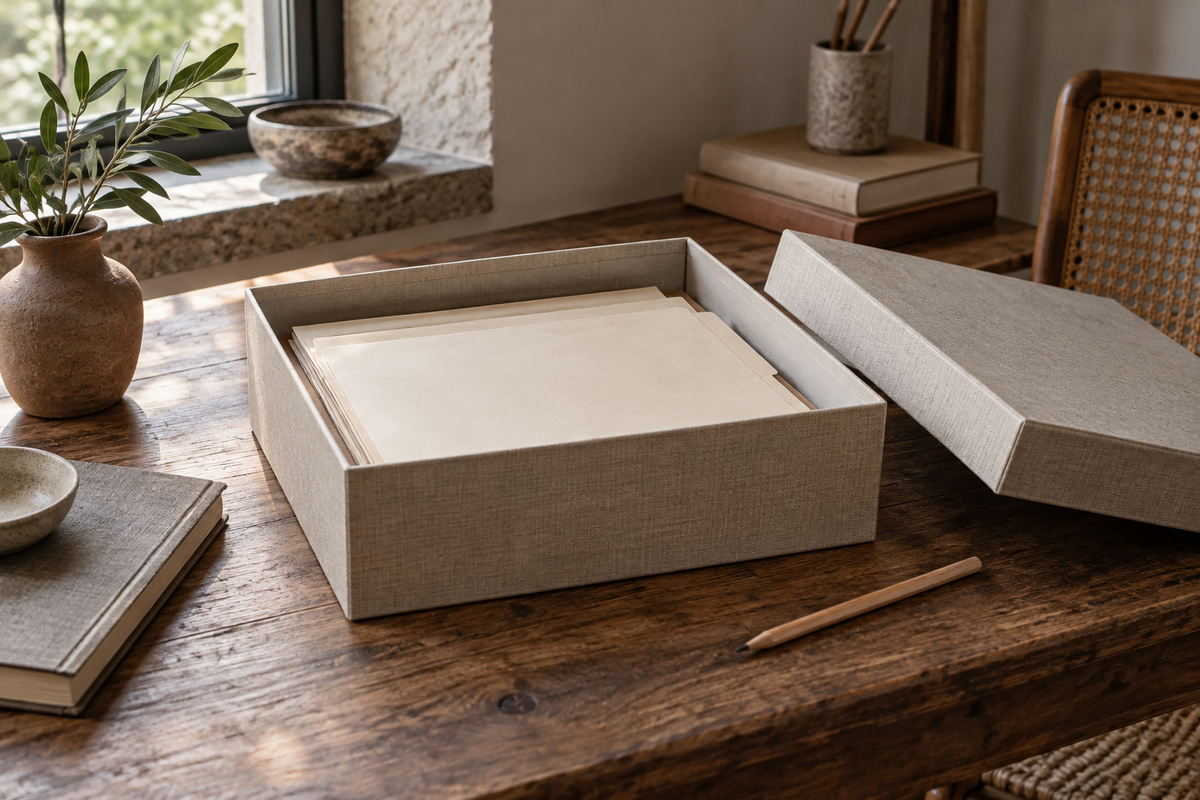 An open lidded document box containing flat, unmarked paper folders on a clean wood worktable.