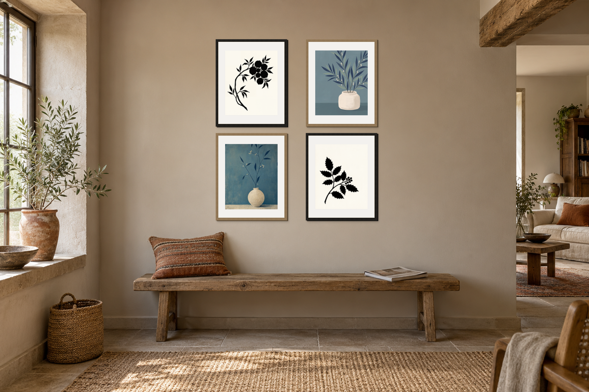 Four botanical prints grouped in alternating black and light wood frames above a bench.