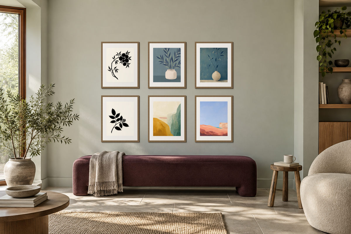 Six separately framed prints arranged in a three-column, two-row grid above a plum bench.