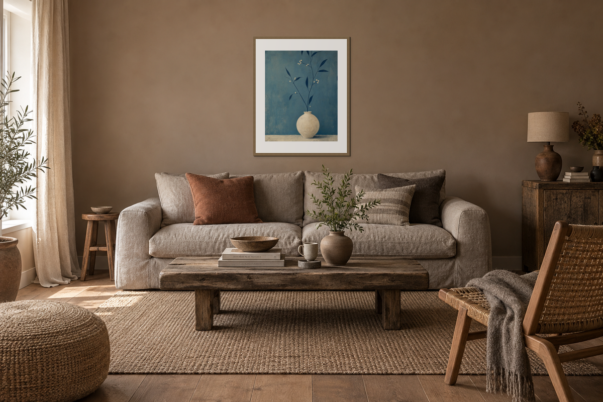 A framed botanical print on a shaded wall beside a curtained window and woven chair.