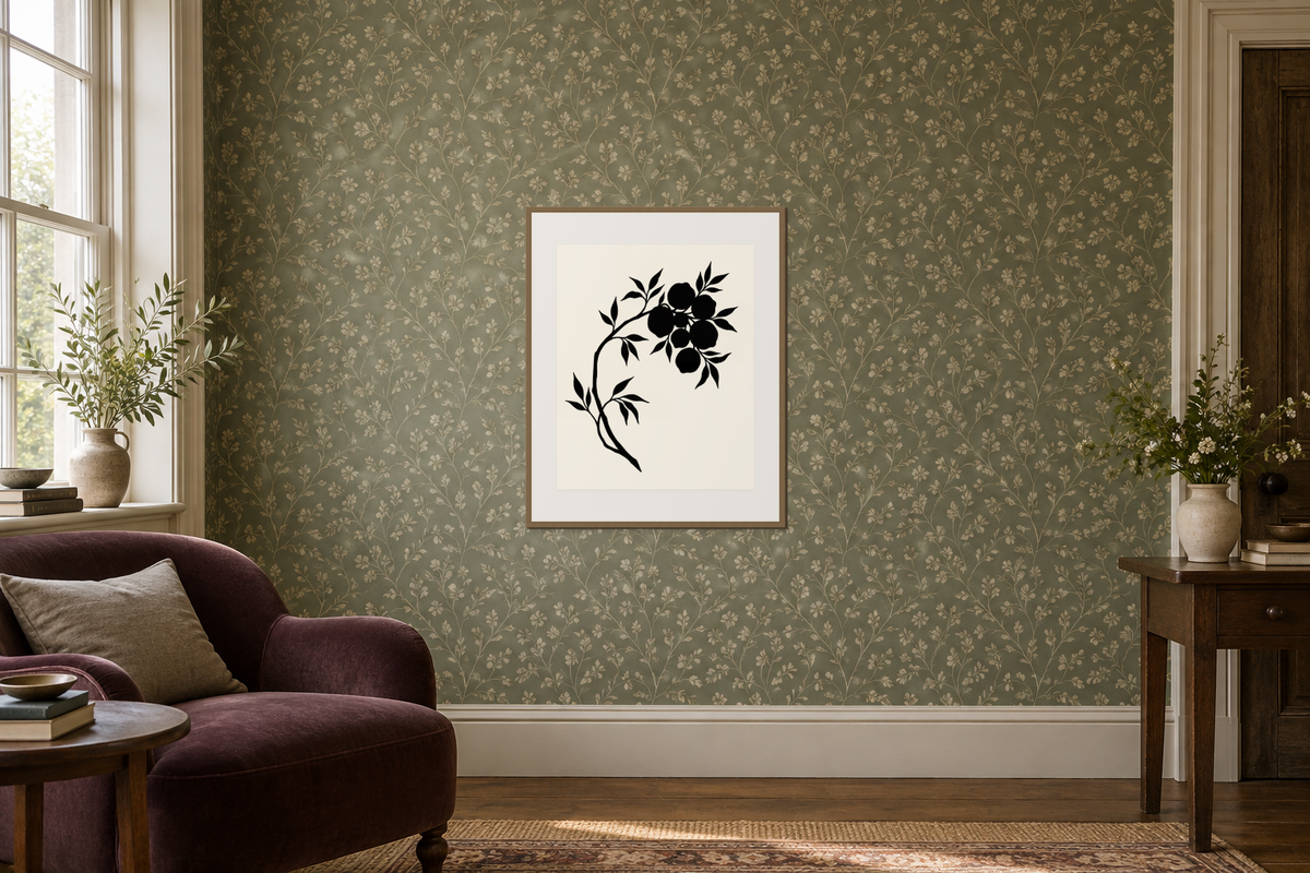 A monochrome botanical print with its pale border visible against patterned olive wallpaper.