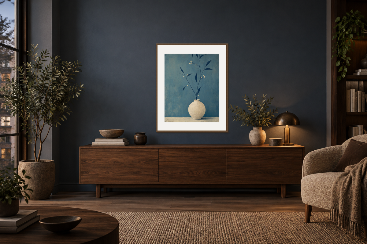 A light-ground botanical print in a slim wood frame remains clear against a charcoal-blue wall.
