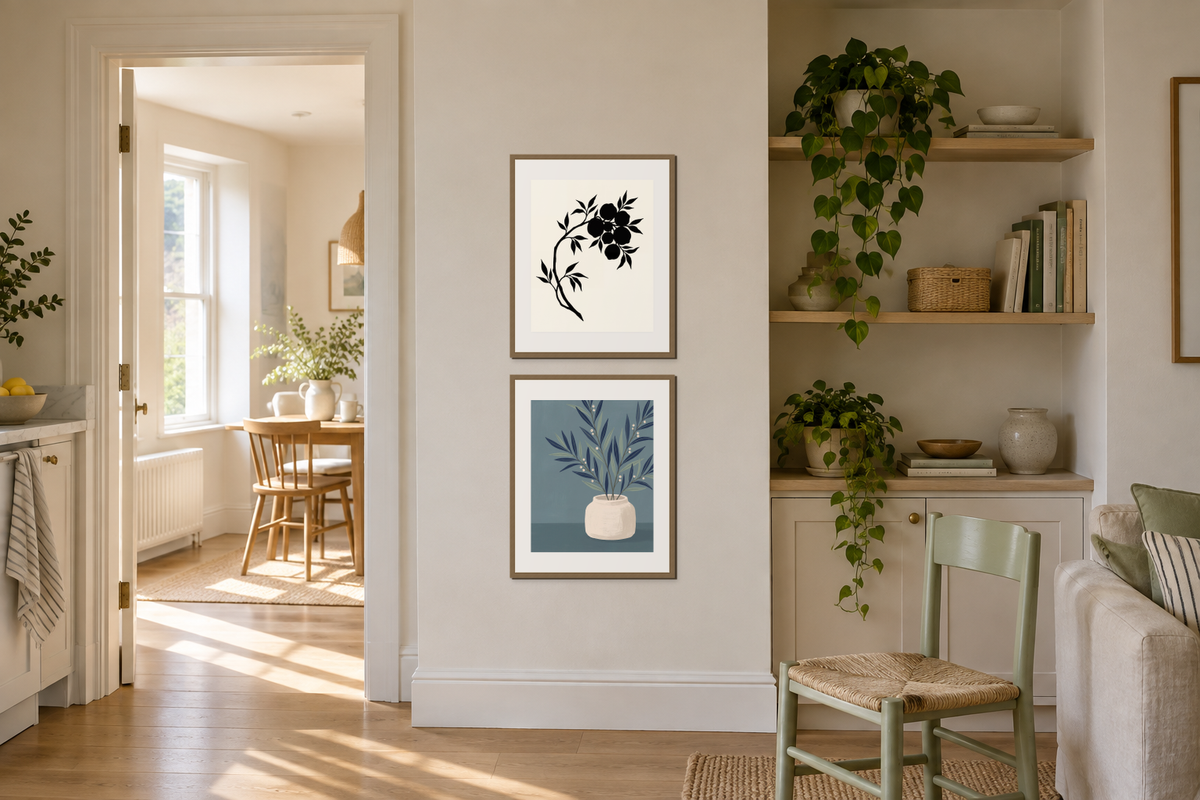 Two botanical prints stacked vertically on a narrow wall between a doorway and an alcove.
