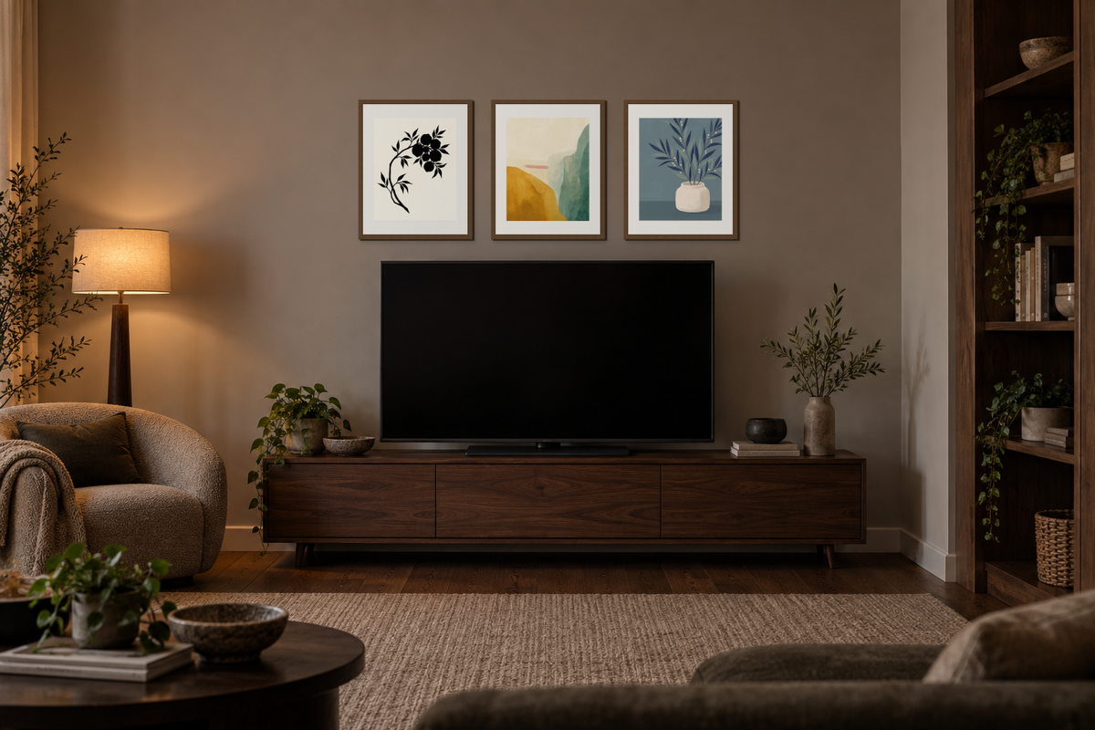 Three framed prints grouped above a dark television screen and a walnut media console.