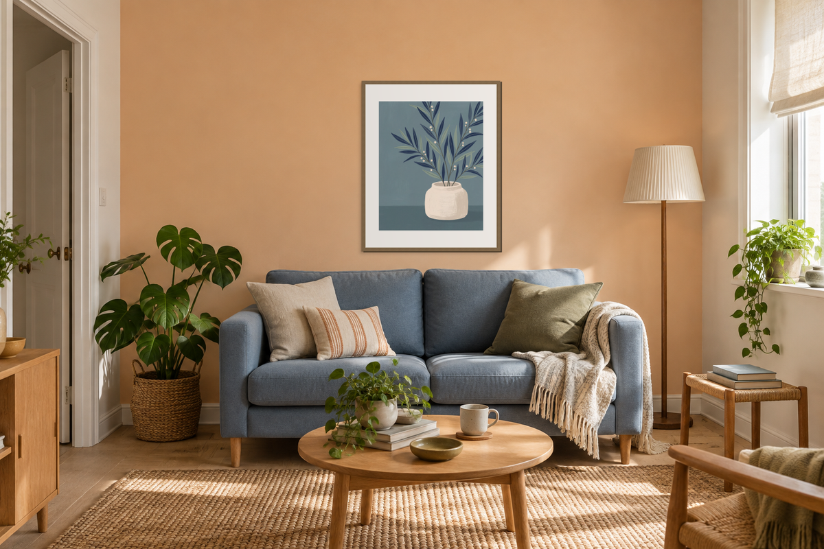 One botanical print on the focal wall of a compact room with a small blue sofa and a quiet adjoining wall.