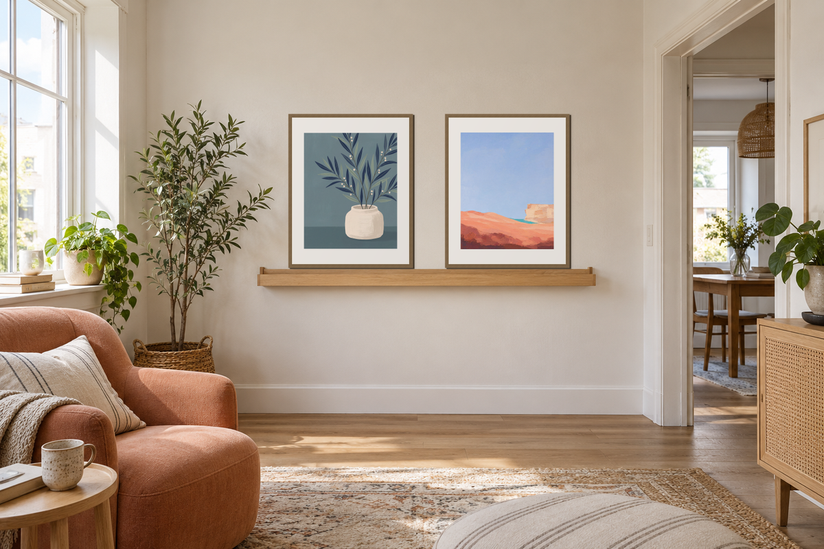 Two framed prints arranged on a wood picture ledge above an apricot chair.