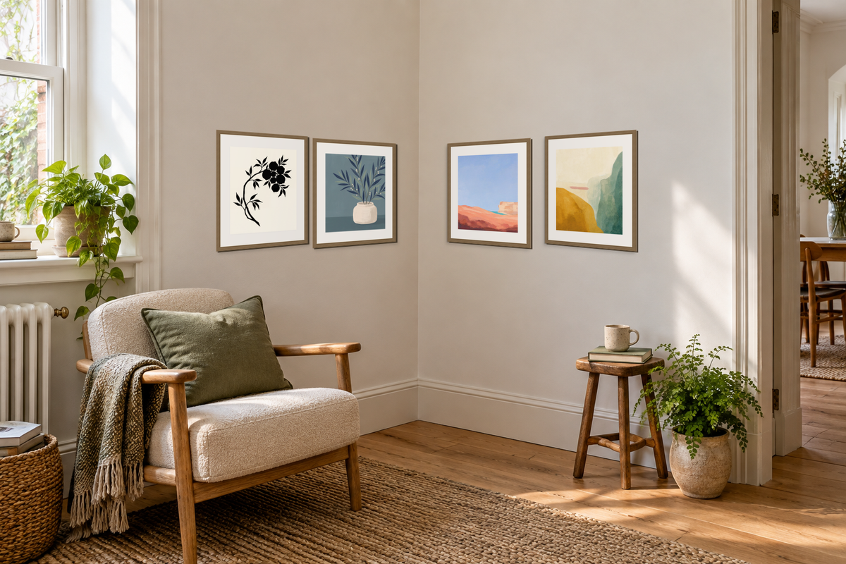 Four framed prints form two related groups across the adjoining walls of a reading corner.