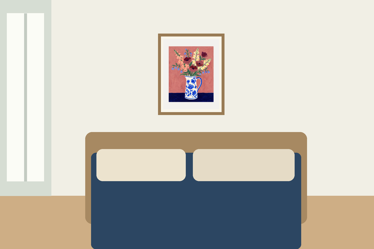 Illustrative floral art bedroom scene with Friday Flowers displayed complete in a frame