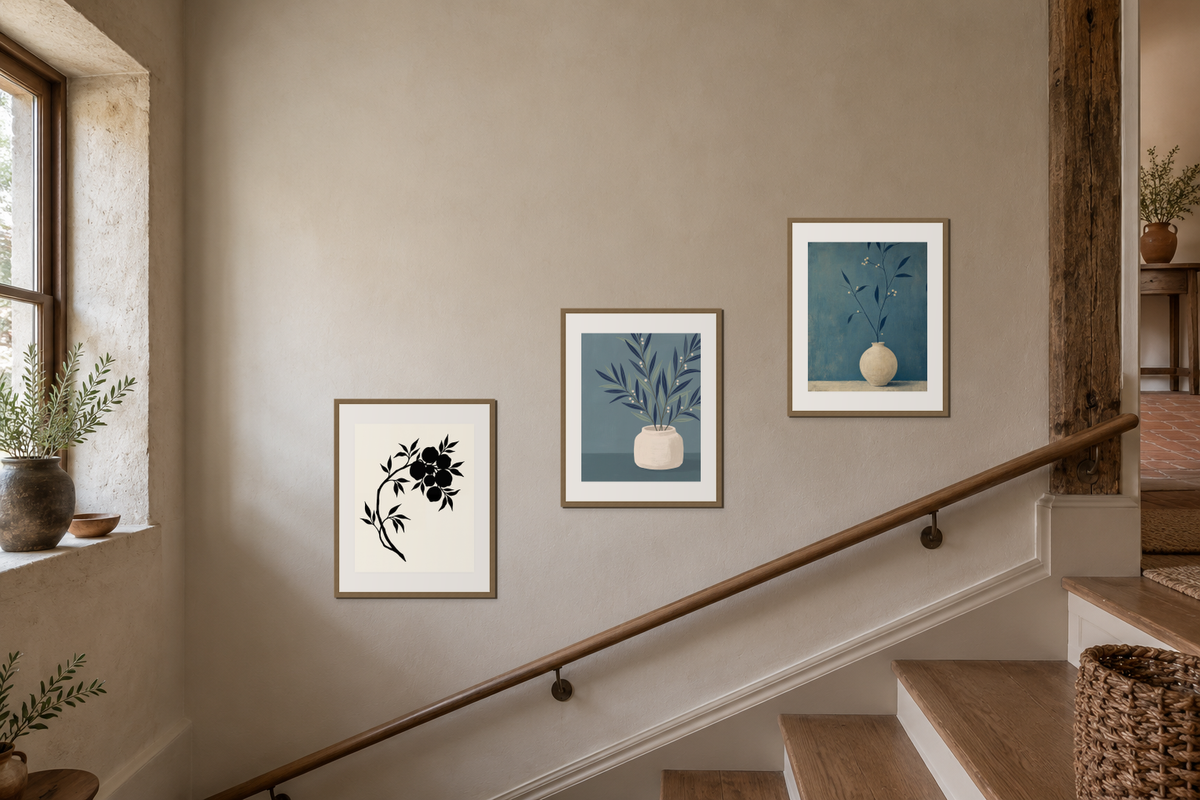 Three botanical prints arranged in a rising line above a wood staircase and handrail.