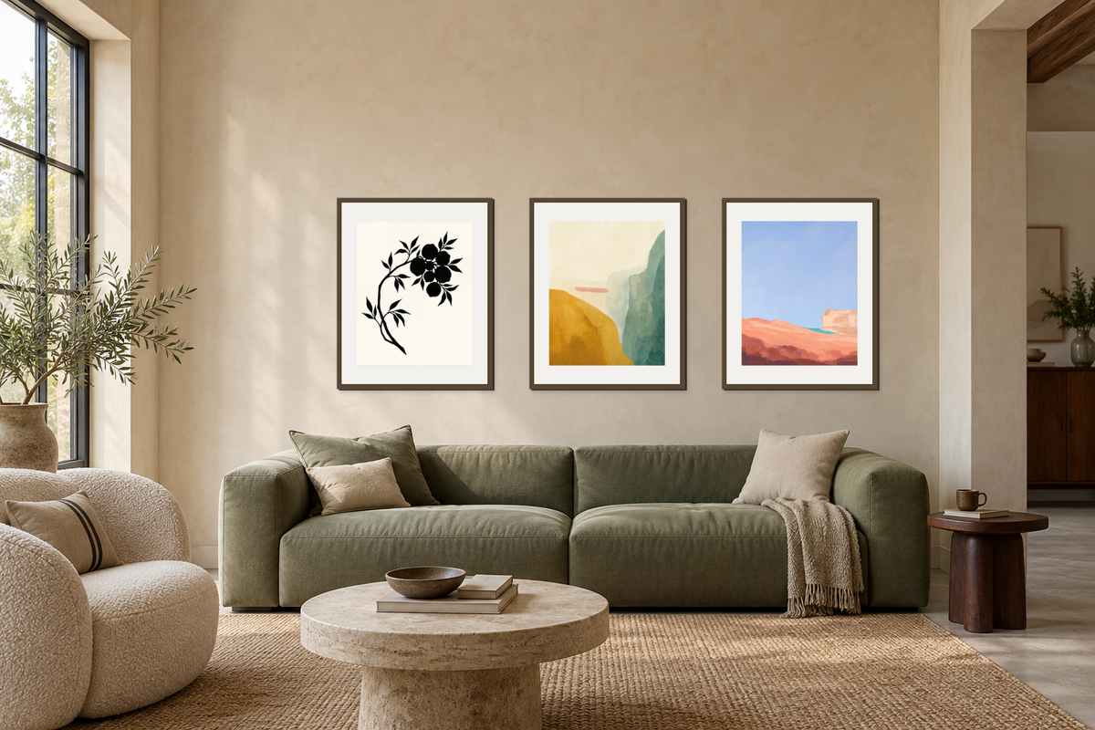 A monochrome botanical print grouped with two colorful abstract prints above a sage sofa.