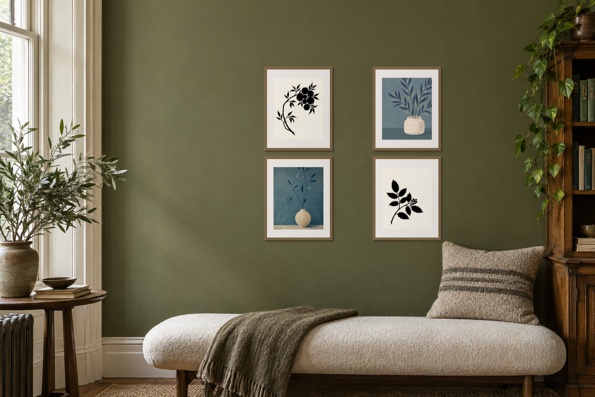 Black Leaves and Fruit, The Last Branch, Cream Vessel with Navy Leaves and Single Plant Silhouette in a two-by-two gallery above a cream upholstered chaise.
