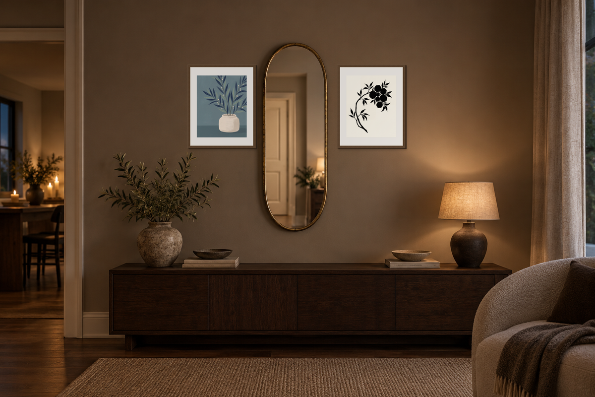 Two botanical prints flank an oval mirror above a dark wood console.
