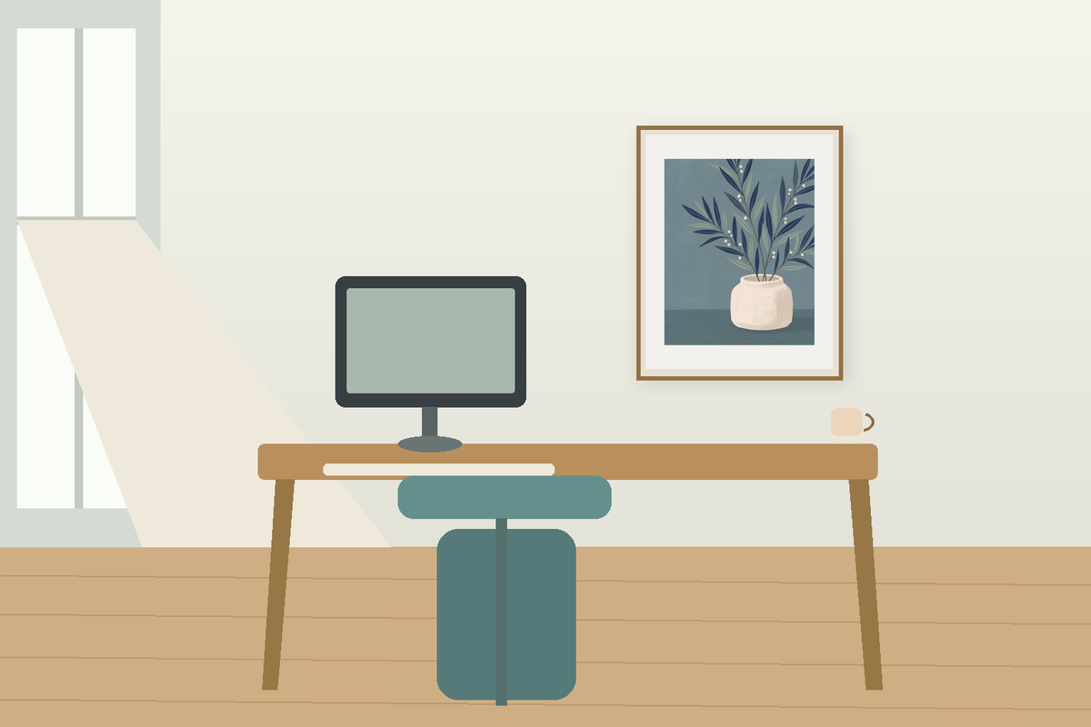Illustrative home office with The Last Branch botanical paper print displayed complete in a slim wood frame beside a desk