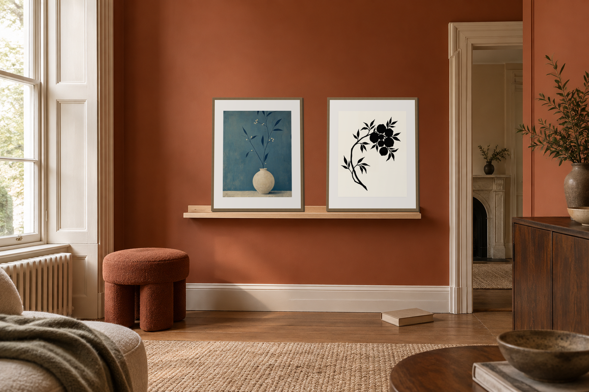 Two complete botanical prints arranged separately on a picture ledge against a terracotta wall.