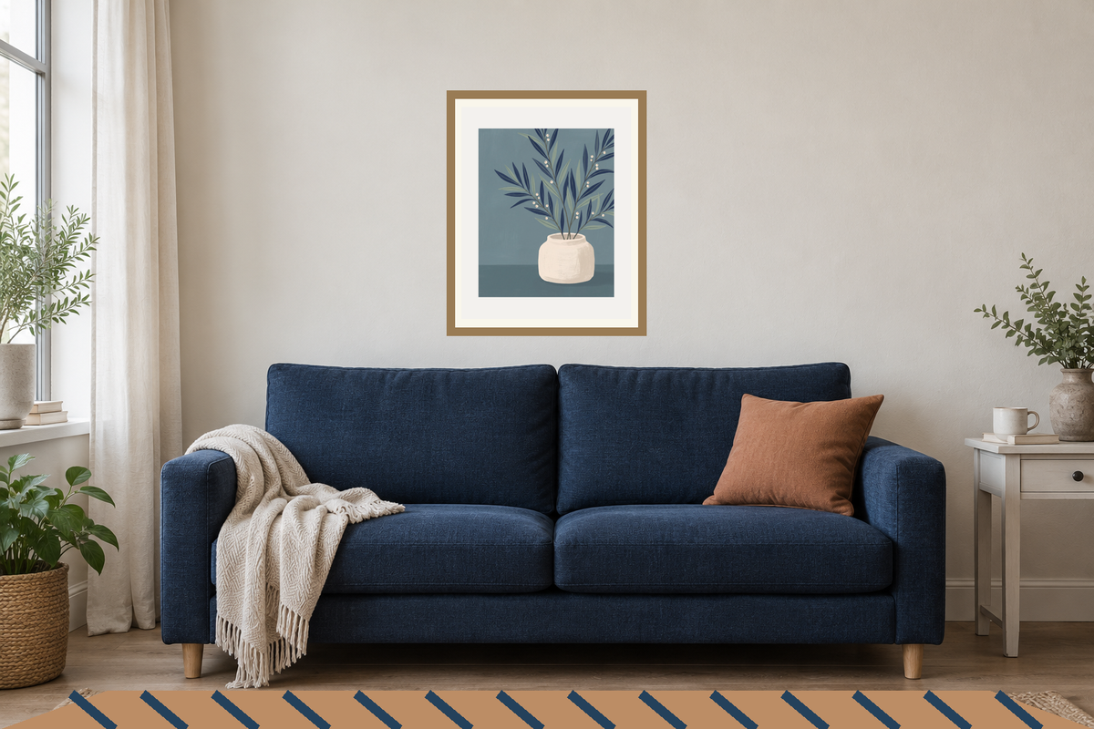 Illustrative wall art patterned rug scene with The Last Branch displayed complete in a frame