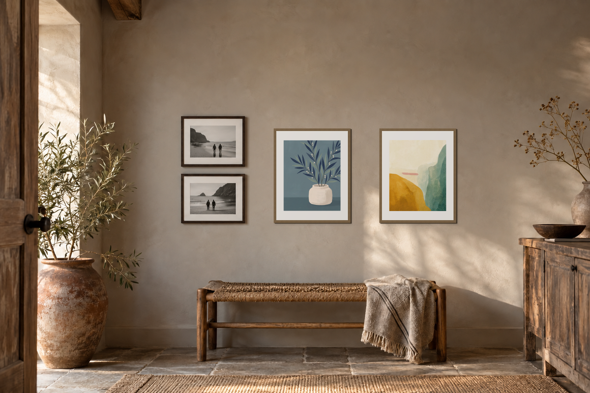 Two framed art prints grouped beside two vertically stacked black-and-white beach photographs above a woven bench.