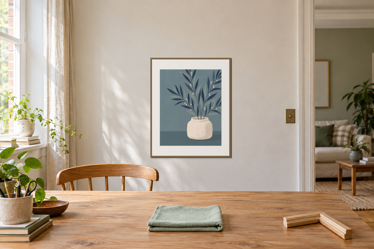 A framed botanical print above a clean worktable with a folded microfiber cloth.