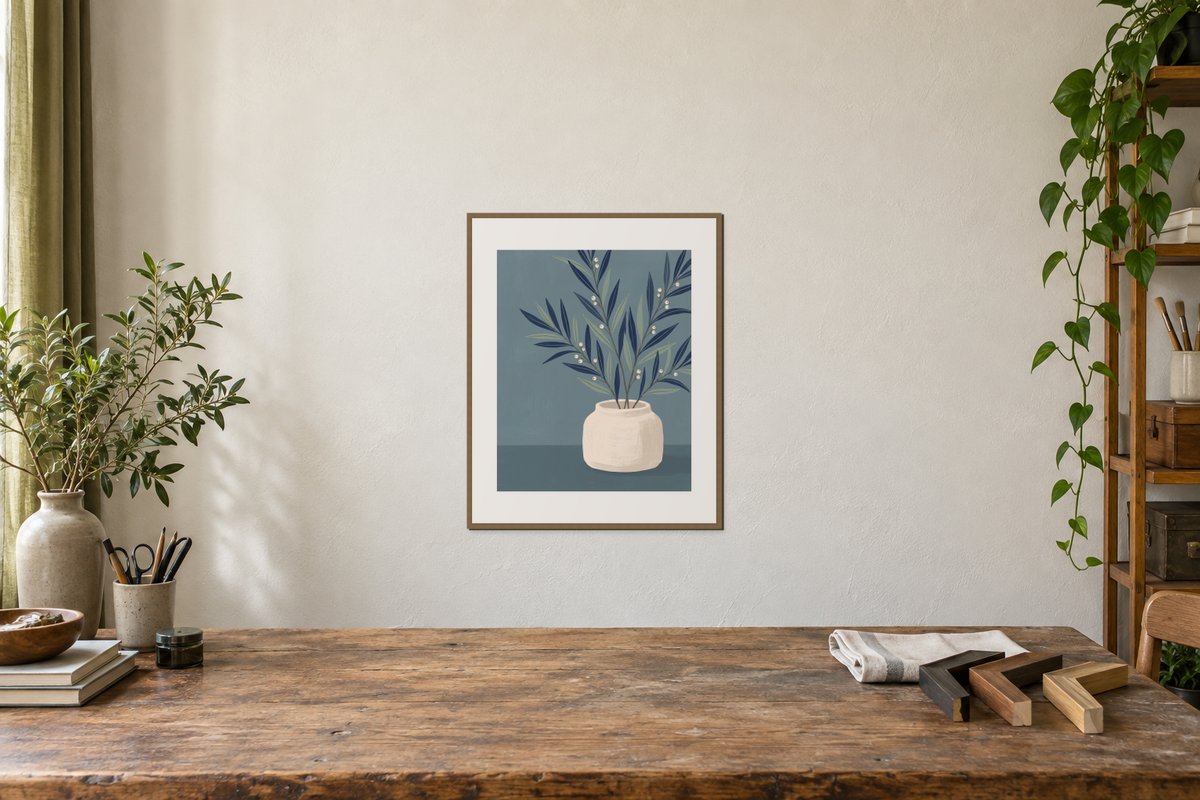 The Last Branch in a light wood frame above a framing worktable with frame-corner samples and a folded cloth.
