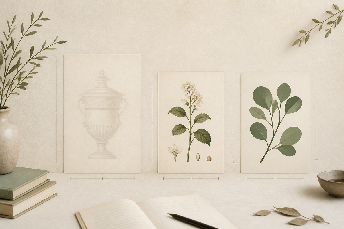 Conceptual illustration comparing antique, plate-look, and contemporary graphic botanical art directions with unframed paper prints.