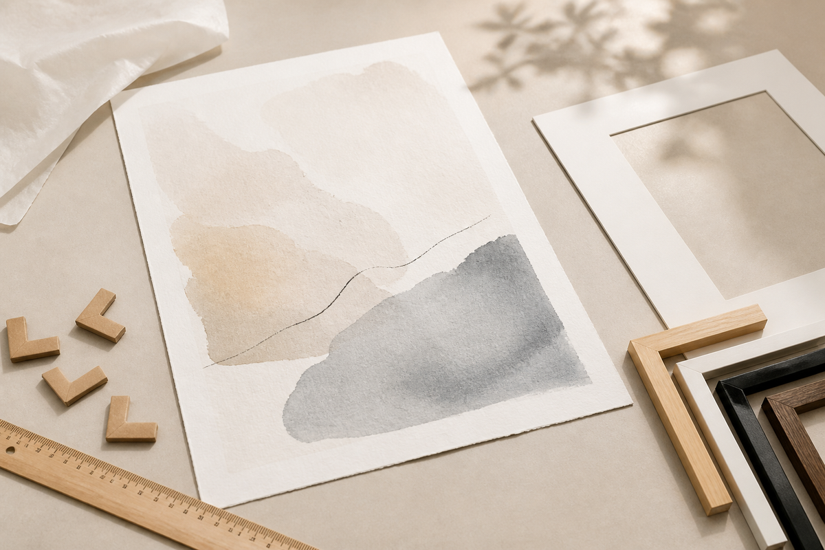 Conceptual view of an unframed art print with separate framing materials.