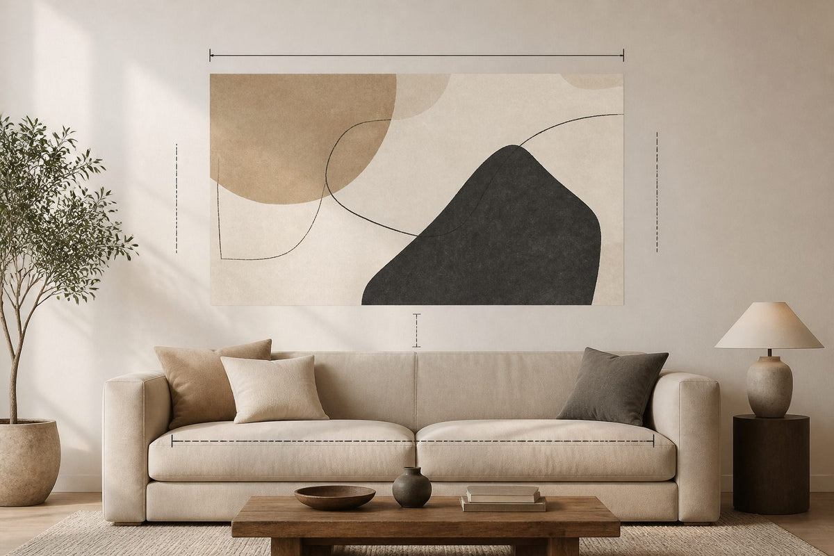 Diagram of art width above a sofa using a 60 to 75 percent sofa-width range