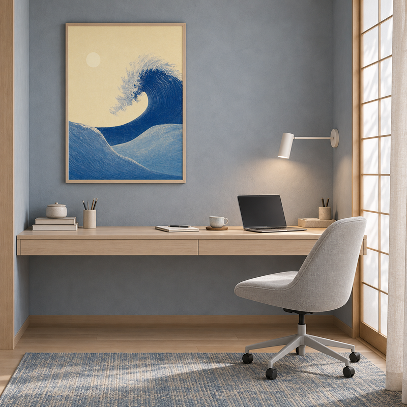 Sunday Proteas vintage floral art print above a walnut desk in a wide home office