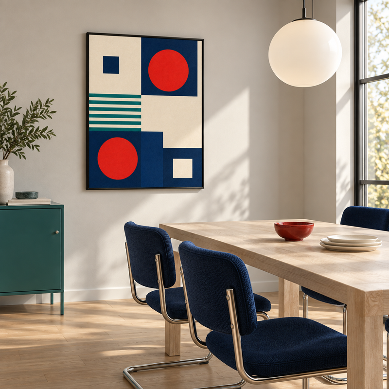 Blue-toned art print on a pale wall in a wide interior view
