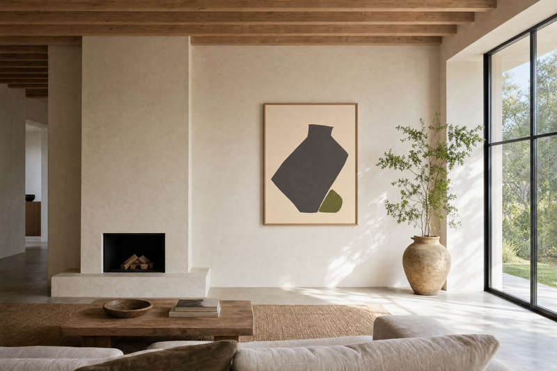 Geometric art print on a modern wall in a wide interior view