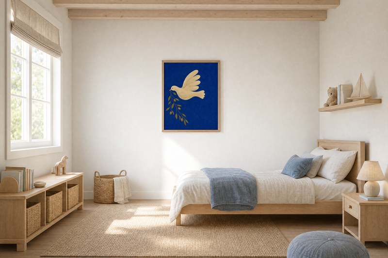 Dove Branch Blue art print in a bright kids bedroom, wide interior view