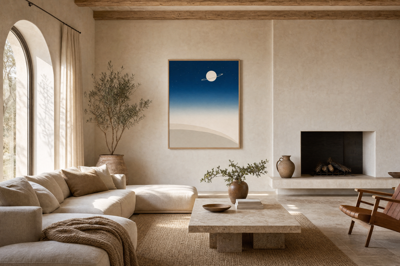Neutral-toned art print in a warm pale living room, wide view
