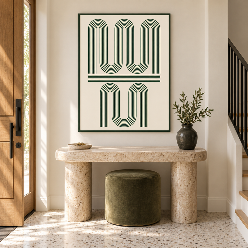 Near Closure forest green and cream minimalist art print in a modest wood frame