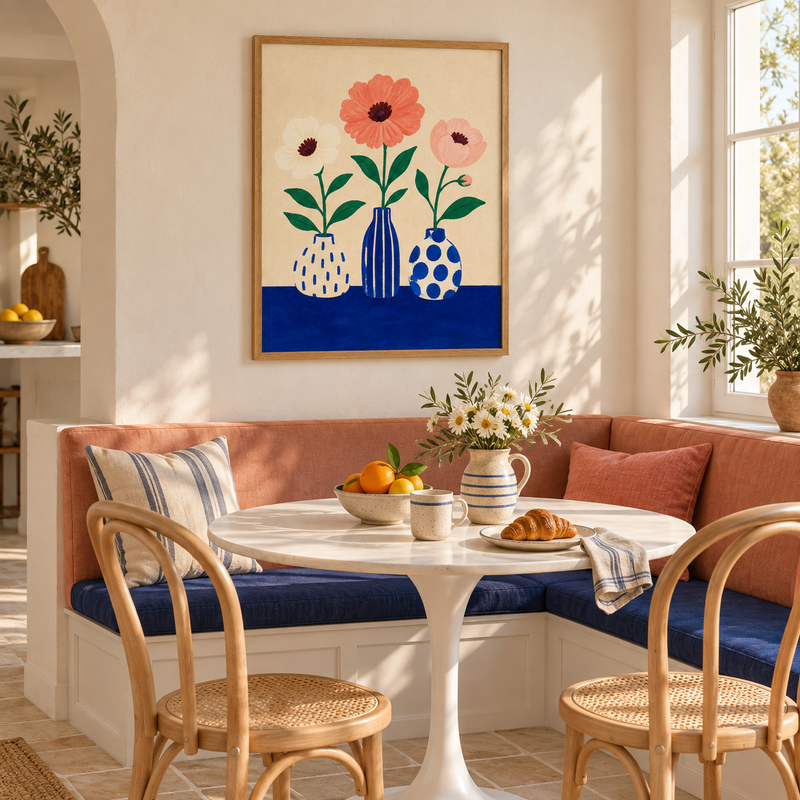 Table Bouquet cobalt pitcher floral art print in a modest wood frame in a bright bedroom