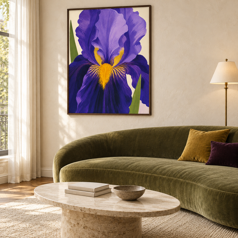 Balanced Noon teal and terracotta abstract art print in a wide big-window living room