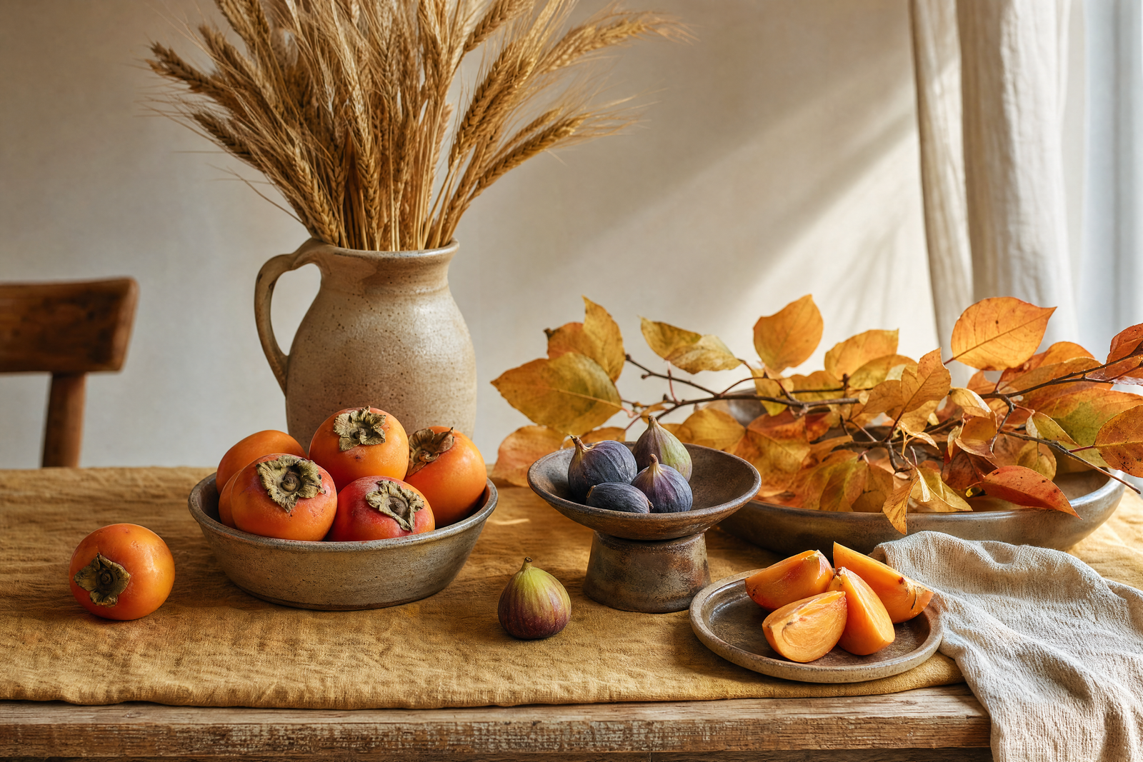 Harvest still life on an ochre table in late-afternoon light, unframed art print collection header
